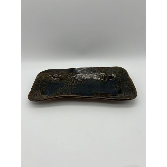Signed Art Pottery Rectangle Reptile Design Texture Brown Green Shiny Glaze Dish - Picture 5 of 11